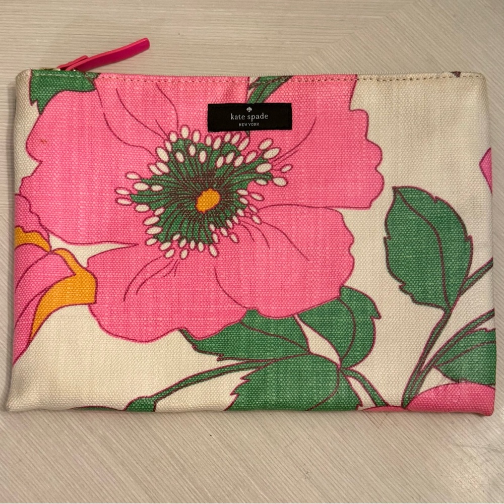 kate spade Pink Floral Zip Pouch Clutch Vintage Retro Colorful Green Orange Cute